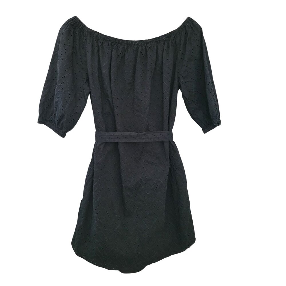 Gap Eyelet Off-The-Shoulder Cotton Dress Tie Waist Womens Size XS Black Pockets - Picture 2 of 8